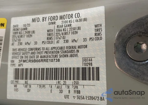 2024 Ford Bronco Sport Big Bend z USA, uszkodzony, nr VIN 3FMCR9B66RRE10738